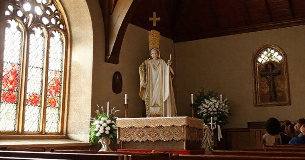 Katolicki kapłan modli się nad chorym w tradycyjnym domu pomocy społecznej, otoczony przez siostry szarytki. Sceny łaski i miłosierdzia w sakralnych domach pomocy.