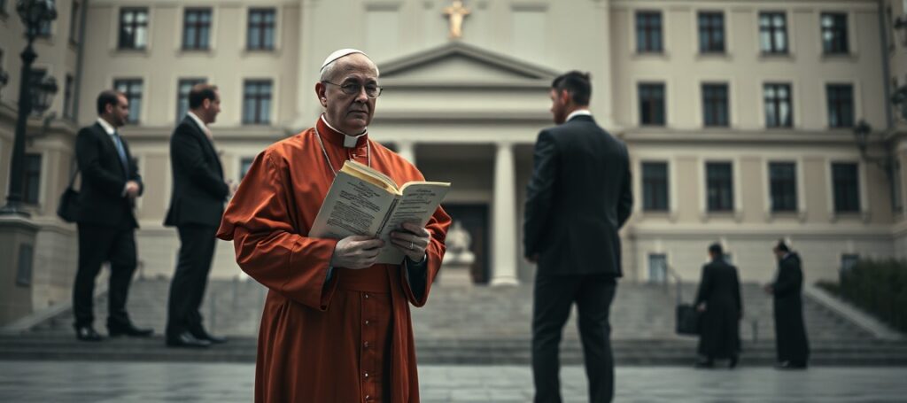 Katolicki kapłan w tradycyjnym ornacie stoi przed nowoczesnym budynkiem rządowym, trzymając encyklikę Quas Primas Piusa XI.