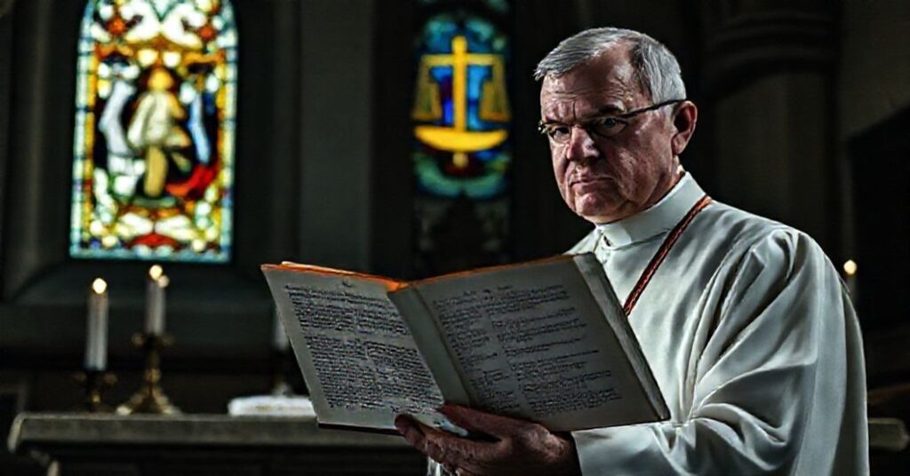 Sobieżny kapłan w tradycyjnych szatach liturgicznych stojący przed ołtarzem z otwartym Katechizmem sprzed 1992 roku, z witrażem przedstawiającym sprawiedliwość i boski gniew w tle.