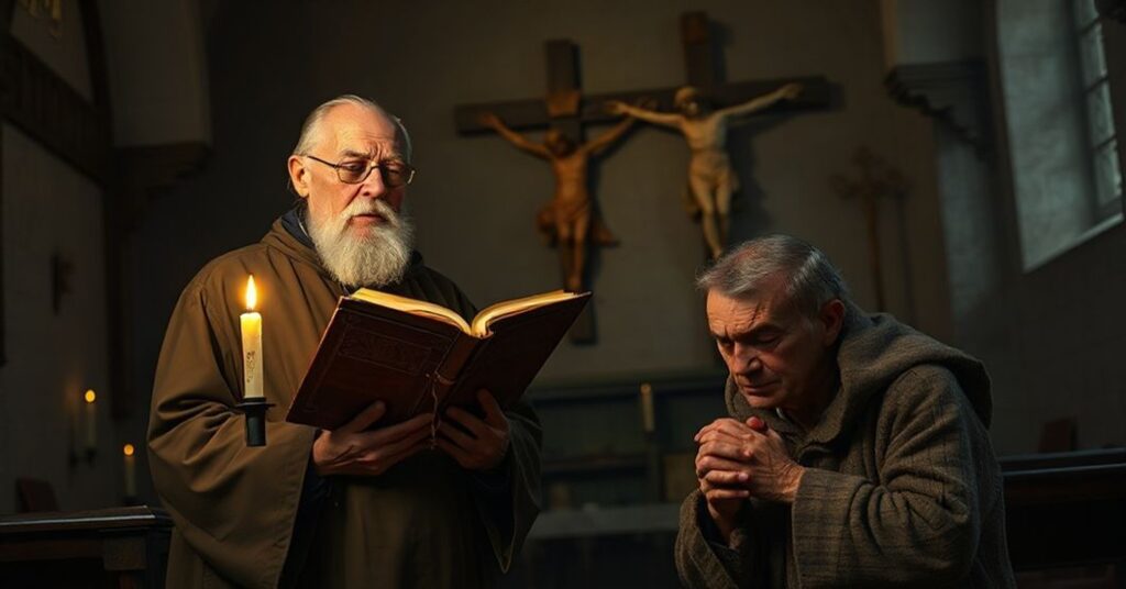 Tradycyjny katolicki obraz przedstawiający ojca Henryka Cisowskiego w kaplicy z chorym ubogim modlącym się. Scena pełna pokuty i nadziei.