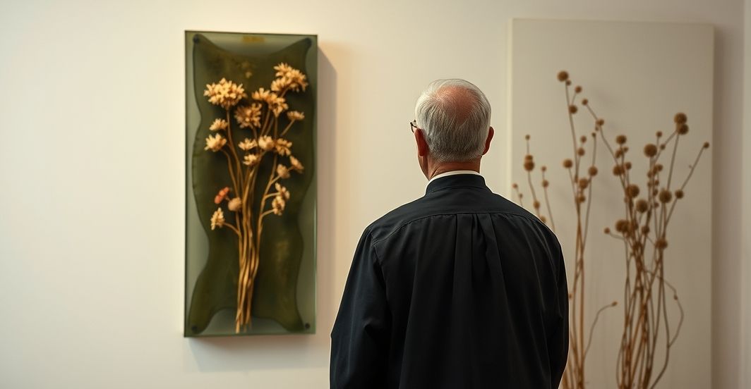 Katolicki kapłan i krytyka nowoczesnej sztuki bez transcendencji Reverentny obraz katolickiego kapłana przed instalacją sztuki nowoczesnej z suszonymi roślinami w żywicy, krytyka kultury bez Boga