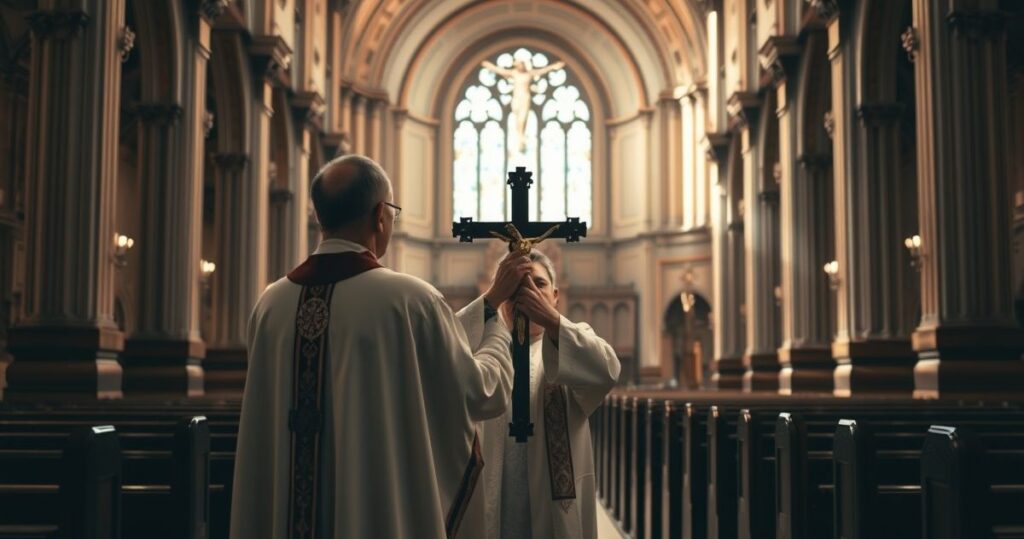 Obraz przedstawiający katolickiego kapłana w kościele, symbolizującego odwagę w obliczu współczesnych zagrożeń moralnych