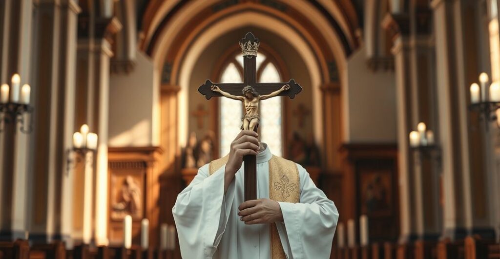 Tradycyjny katolicki kapłan w świątyni z krzyżem, symbolizujący autorytet Chrystusa Króla w obliczu współczesnych zagrożeń ideologicznych