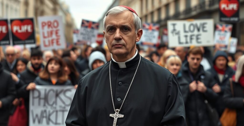 Realistyczne zdjęcie katolickiego kapłana na marszu pro-life w Londynie, symbolizujące wierność prawdziwej wierze i krytykę ekumenizmu