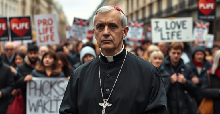 Realistyczne zdjęcie katolickiego kapłana na marszu pro-life w Londynie, symbolizujące wierność prawdziwej wierze i krytykę ekumenizmu