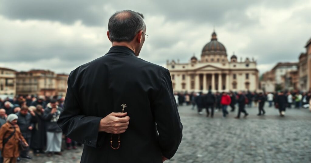 Tradycyjny katolicki kapłan w ciemnym sutannie stoi przed biednymi ludźmi w nędźliwym otoczeniu, z Widokiem Watykanu w tle. Symbolizuje prawdziwą katolicką miłość do bliźniego opartą na wierze i zbawieniu.
