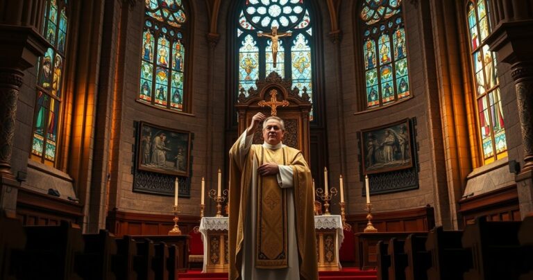 Rewerentny katolicki kapłan celebrujący Mszę świętą w tradycyjnej liturgii w klasycznym wnętrzu kościoła, ukazujący autentyczną eucharystyczną ceremonię.