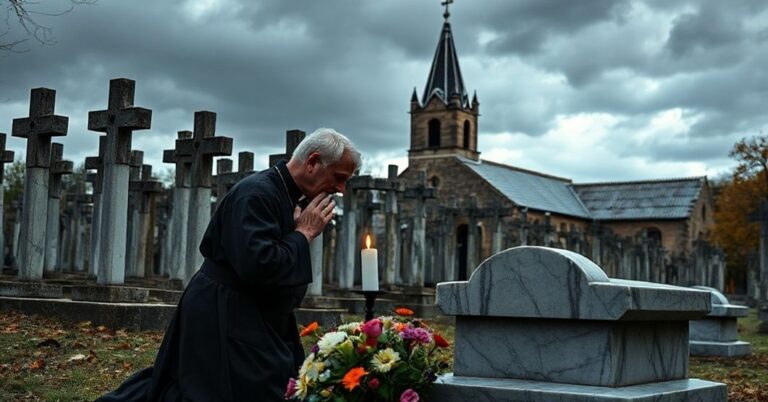 Stary kapłan w tradycyjnym sutannie modli się na cmentarzu w jesiennym pejzażu z płatami krzyży i starym kościołem na tle burzowego nieba.