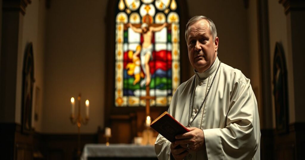 Prawdziwy katolicki kapłan w tradycyjnym Habicie i zucchetto przed ołtarzem z biblią w ręku, z tłem witrażu przedstawiającego ukrzyżowanie Chrystusa. Scena symbolizuje głęboką troskę o chrześcijan w Iranie i potrzebę nawrócenia.