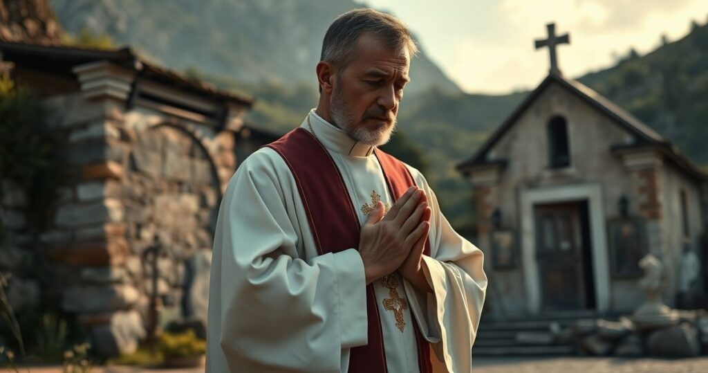 Realistyczny, pełen szacunku obraz katolickiego kapłana prowadzącego modlitwę w pobliżu Monte Sant’Onofrio, z elementami tradycyjnej architektury kościelnej i spokojną, duchową atmosferą.