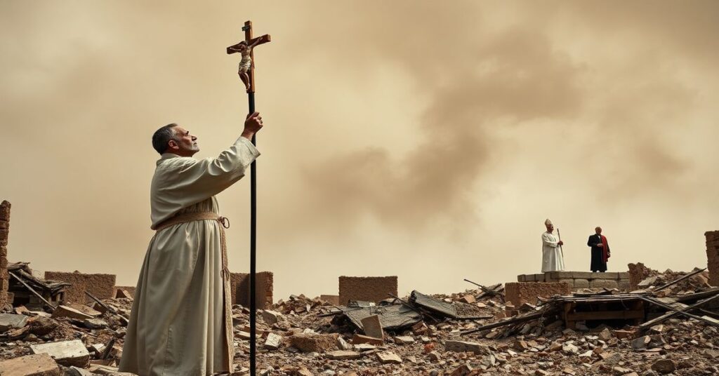 Kapłan katolicki w tradycyjnym ornacie modli się nad ruiny w Libanie, trzymając krzyż. Scena podkreśla tragizm wojny i potrzebę modlitwy za dusze zmarłych.