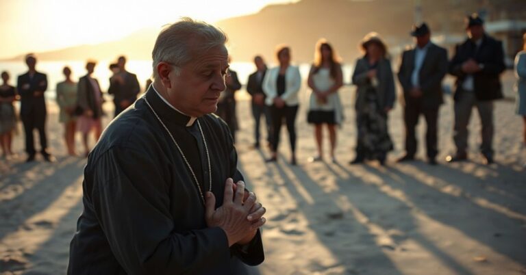 Scena smutna na plaży Bondi Beach w Sydney po zamachu terrorystycznym podczas żydowskiej Chanuki. Na pierwszym planie stoi tradycyjny katolicki kapłan modlący się z zeszytami w dłoni. W tle zbierają się smutni uczestnicy obrzędów żydowskich.