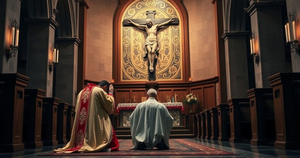 Obraz katolickiego kapłana modlącego się przed krzyżem w kościele, symbolizujący troskę o wierność tradycyjnym naukom Kościoła w obliczu modernistycznych zdrad