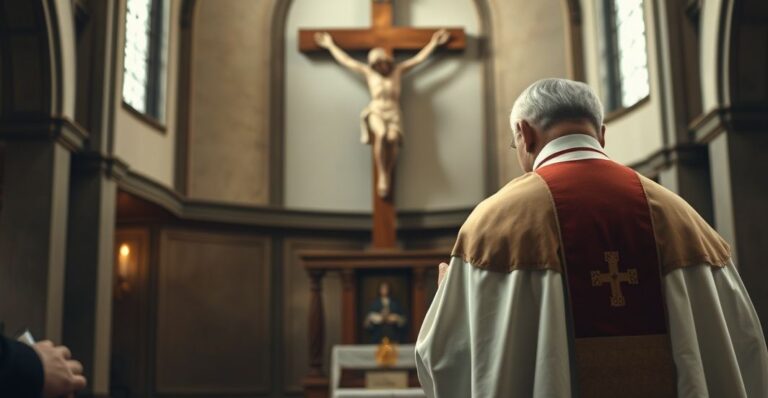 Reverent Catholic priest praying przed krucyfiksem w tradycyjnej liturgicznej scenerii