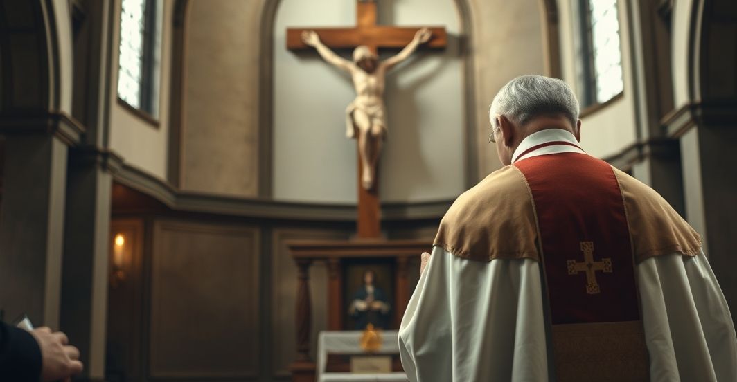 Tradycyjny katolicki kapłan modli się przed krzyżem w kryzysowym czasie Obraz katolickiego kapłana modlącego się przed krzyżem w kościele, symbolizujący troskę o wierność tradycyjnym naukom Kościoła w obliczu modernistycznych zdrad