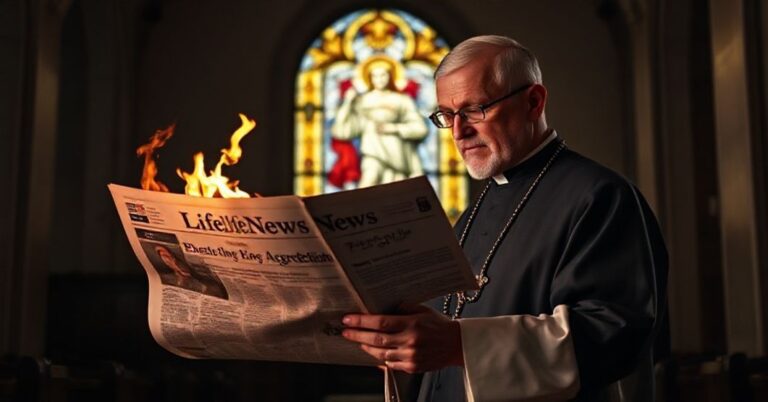 Katolicki kapłan w habitach modli się przed palącą się gazetą z informacją o akredytacji LifeSiteNews przez Pentagon. Scena symbolizuje krytykę wobec zdrady misji katolickiej przez media.