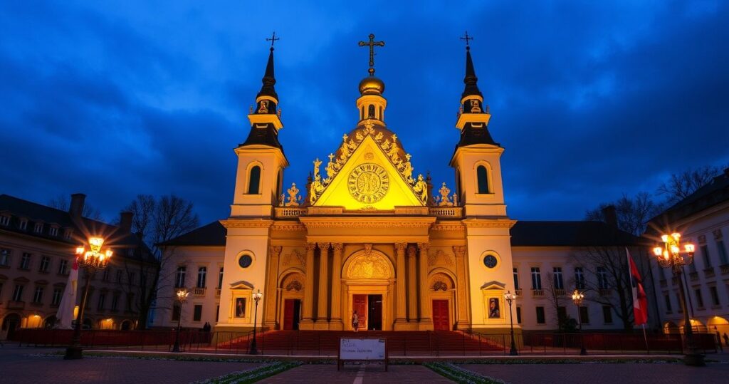 Kapłan w sutannie modli się przed betlejemską szopką w cichej, sakralnej przestrzeni, wyrażając pokorę i wierność katolickiej wierze.