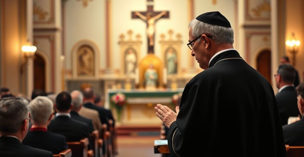 Katolicki kapłan w sutannie modli się przy ołtarzu, ukazując powagę i wierność tradycji katolickiej podczas obrad liturgicznych