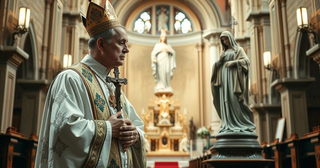 Fotografia realistycznego katolickiego kapłana w liturgicznych szatach, modlącego się przy wizerunku Matki Bożej, wyrażającego głęboką wiarę i czystość katolickiej tradycji