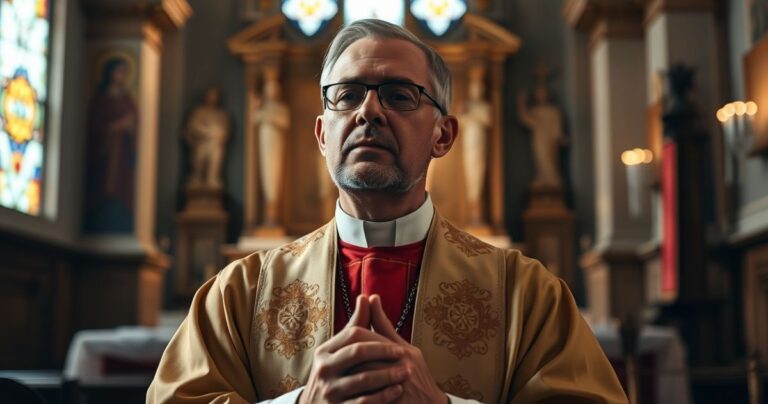 Katolicki kapłan modlący się w tradycyjnej szacie, w otoczeniu sakralnym, wyraz głębokiej pobożności i refleksji religijnej