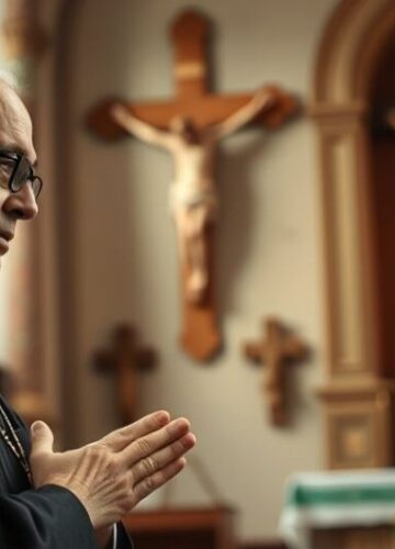 Katolicki kapłan modlący się w tradycyjnym kościele Zdjęcie tradycyjnego katolickiego kapłana w liturgicznych szatach, modlącego się przed ołtarzem z krucyfiksem w klasycznym wnętrzu kościoła, wyrażające powagę i religijną głębię