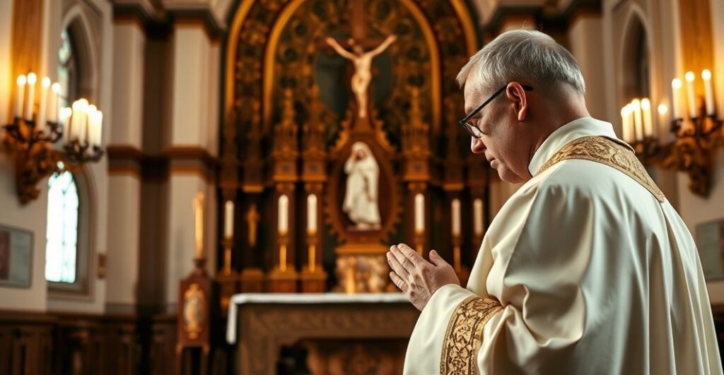 Zdjęcie tradycyjnego katolickiego kapłana w liturgicznych szatach, modlącego się przed ołtarzem z krucyfiksem w klasycznym wnętrzu kościoła, wyrażające powagę i religijną głębię