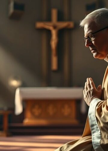 Katolicki kapłan modlący się w tradycyjnym kościele Realistyczne zdjęcie katolickiego kapłana modlącego się w tradycyjnym kościele, ukazujące głębię katolickiej pobożności.