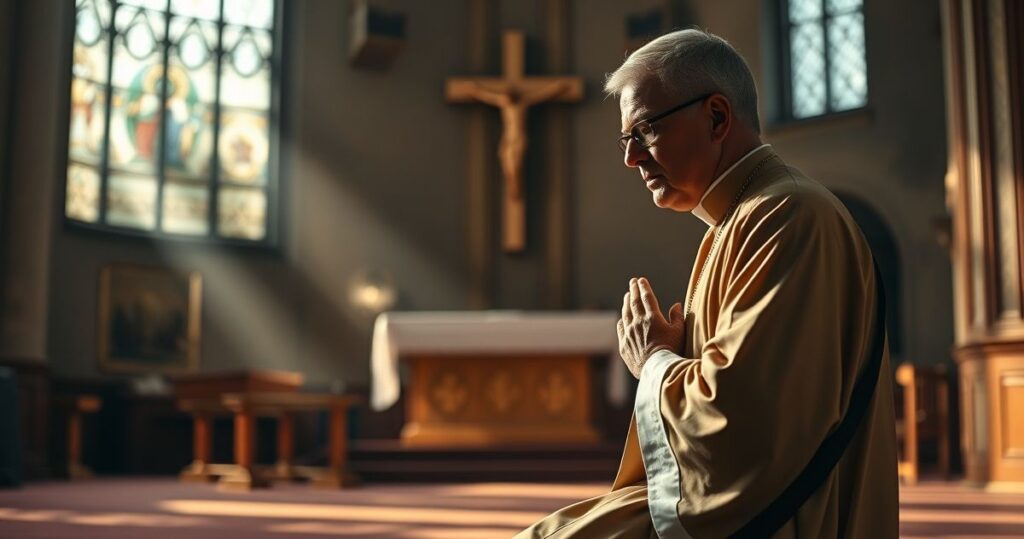 Realistyczny obraz katolickiego kapłana modlącego się w kościele, w tradycyjnych szatach, z wiernymi, ukazujący głęboką religijność i powagę liturgii, w klasycznej architekturze kościoła, ciepłe światło, duchowa atmosfera.