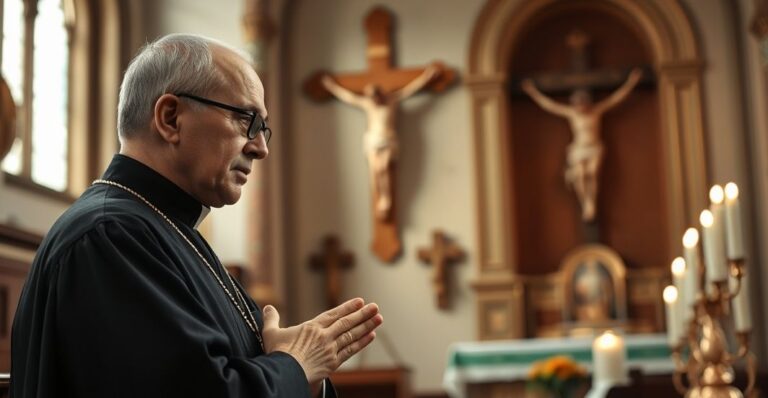 Zdjęcie tradycyjnego katolickiego kapłana w liturgicznych szatach, modlącego się przed ołtarzem z krucyfiksem w klasycznym wnętrzu kościoła, wyrażające powagę i religijną głębię