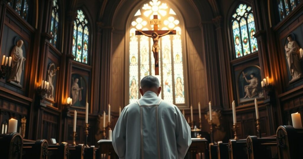 Kapłan modlący się w kościele przy ołtarzu z krucyfiksem, symbolicznie odzwierciedlający głębię wiary i szacunek dla życia w kontekście katolickim