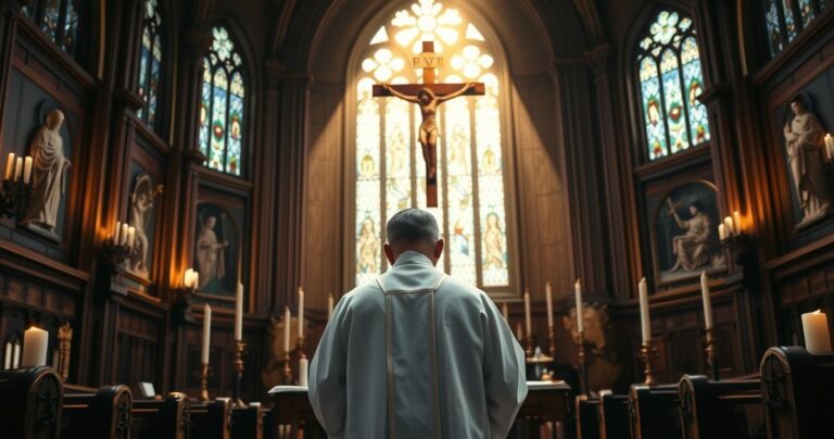 Kapłan modlący się w kościele przy ołtarzu z krucyfiksem, symbolicznie odzwierciedlający głębię wiary i szacunek dla życia w kontekście katolickim