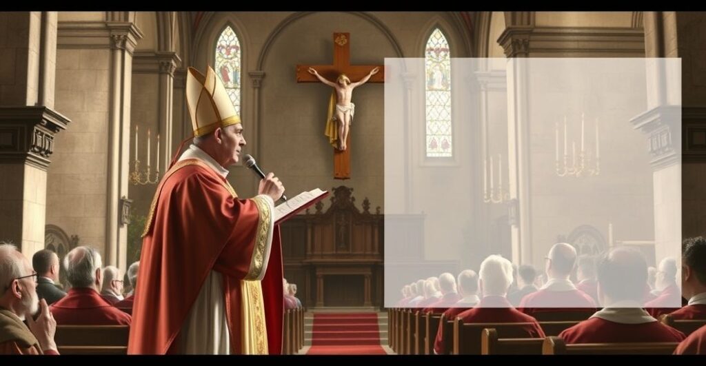 Sanktuarium katolickie z kapłanem w liturgicznych szatach, modlącym się w głębokim skupieniu, symbolizującym wierność prawdziwej wierze i odrzucenie ekumenizmu