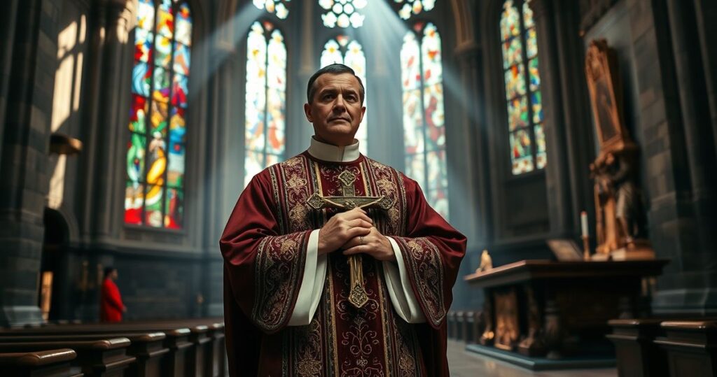 Zdjęcie realistycznego katolickiego kapłana w świątyni, modlącego się przy ołtarzu, ukazujące duchową powagę i refleksję nad moralnym wymiarem wojny i sprawiedliwości Bożej