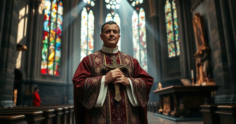 Zdjęcie realistycznego katolickiego kapłana w świątyni, modlącego się przy ołtarzu, ukazujące duchową powagę i refleksję nad moralnym wymiarem wojny i sprawiedliwości Bożej