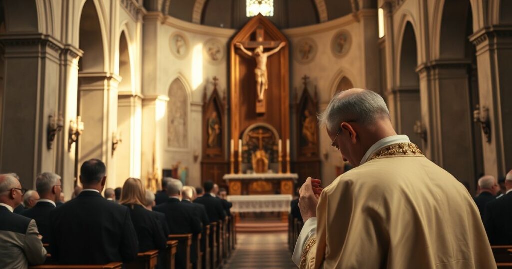 Religijne, realistyczne zdjęcie katolickiego kapłana modlącego się w świątyni, symbolizujące wierne oddanie Chrystusowi i krytykę ingerencji świeckiej w sprawy Kościoła