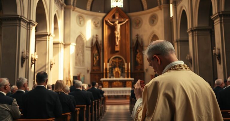 Religijne, realistyczne zdjęcie katolickiego kapłana modlącego się w świątyni, symbolizujące wierne oddanie Chrystusowi i krytykę ingerencji świeckiej w sprawy Kościoła