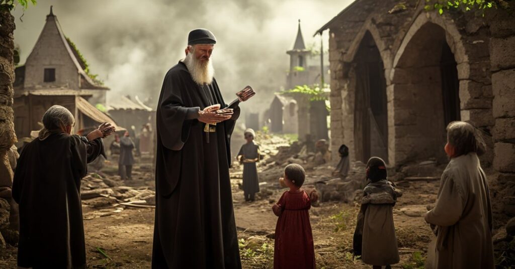 Kapłan katolicki w tradycyjnych szatach modli się w zniszczonej ukraińskiej wsi, otoczony staruszami i dziećmi, trzymając krzyż. Na tle widoczny jest Matthias Schmale z ONZ. Scena podkreśla kontrast między pomocą materialną a duchową.