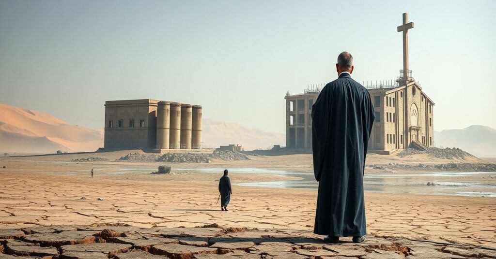Katolicki kapłan modli się przed zniszczoną instalacją odsalania wody na suchym krajobrazie Zatoki Perskiej.