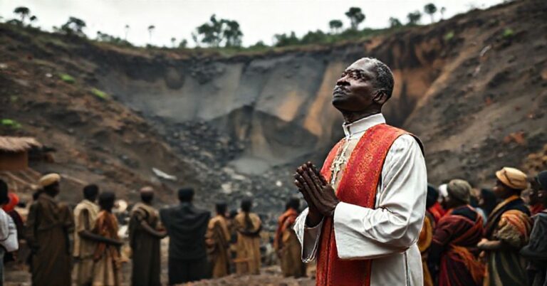 Katolicki kapłan w tradycyjnych szatach modli się przed zawalonym kopalnią w Kalando w Kongo.