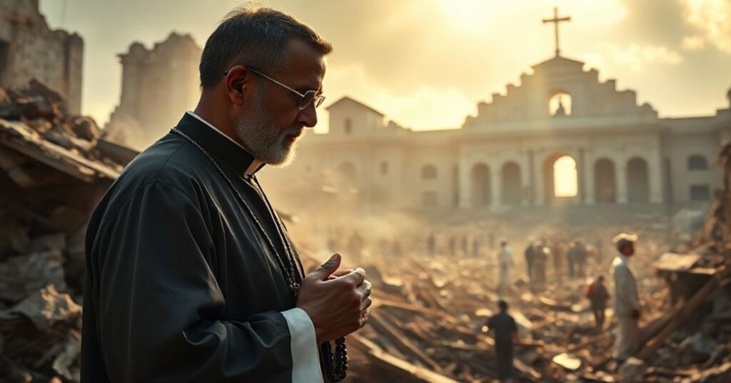 Poważny kapłan katolicki w modlitwie przed ruinami zawalonej islamskiej szkoły w Indonezji