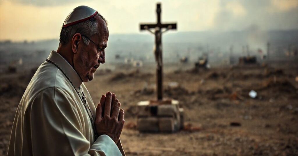 Katoliccy kapłan w tradycyjnych szatach modli się przed krzyżem na tle polów bitew Gazy, symbolizując dążenie do pokoju przez Chrystusa Króla.