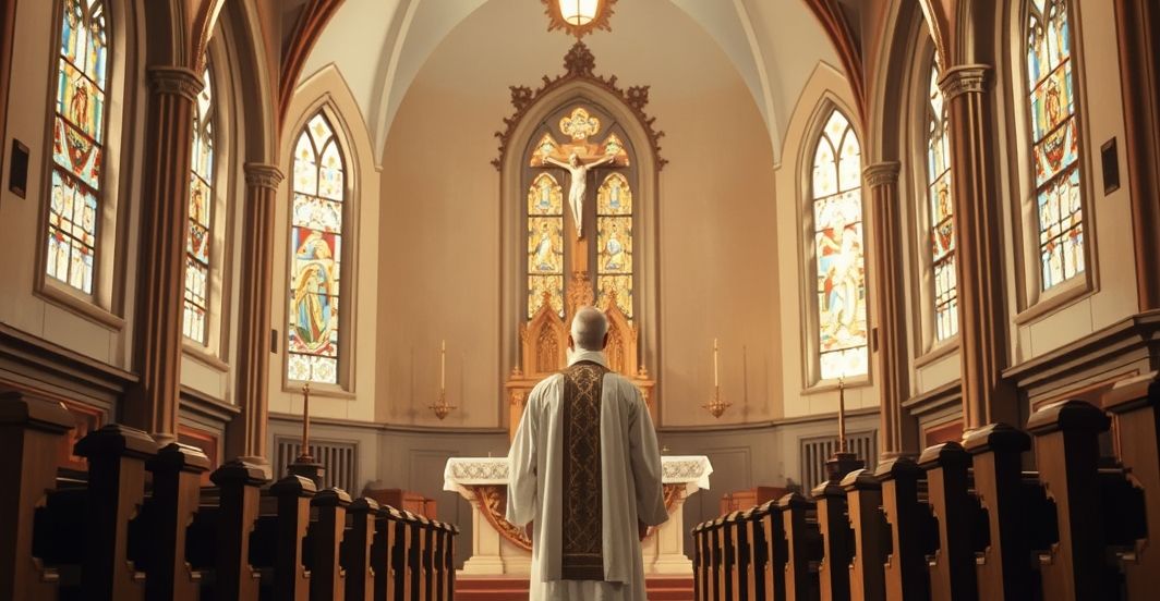 Katolicka scena modlitwy i wiary przeciwko sojuszom bez Chrystusa Rezystantny katolicki kapłan w świątyni, symbolizujący duchowe fundamenty, z krzyżem i ołtarzem, podkreślający odrzucenie politycznych sojuszy i światowego militarizmu