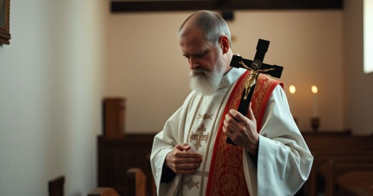 Reverentny obraz katolickiego kapłana modlącego się w skromnym kościele, trzymającego krucyfiks, podkreślający wiarę i nadzieję w tradycyjnym katolickim stylu