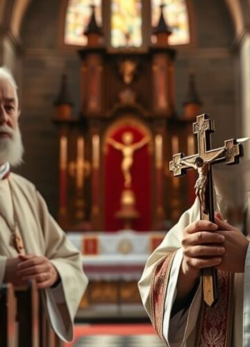 Katolicki kapłan w świątyni podczas modlitwy Zdjęcie realistycznego, pełnego szacunku katolickiego kapłana w tradycyjnych szatach stojącego w starej świątyni, trzymającego krucyfiks, z ołtarzem w tle, podkreślającego pobożność i wierność naukom Kościoła katolickiego.