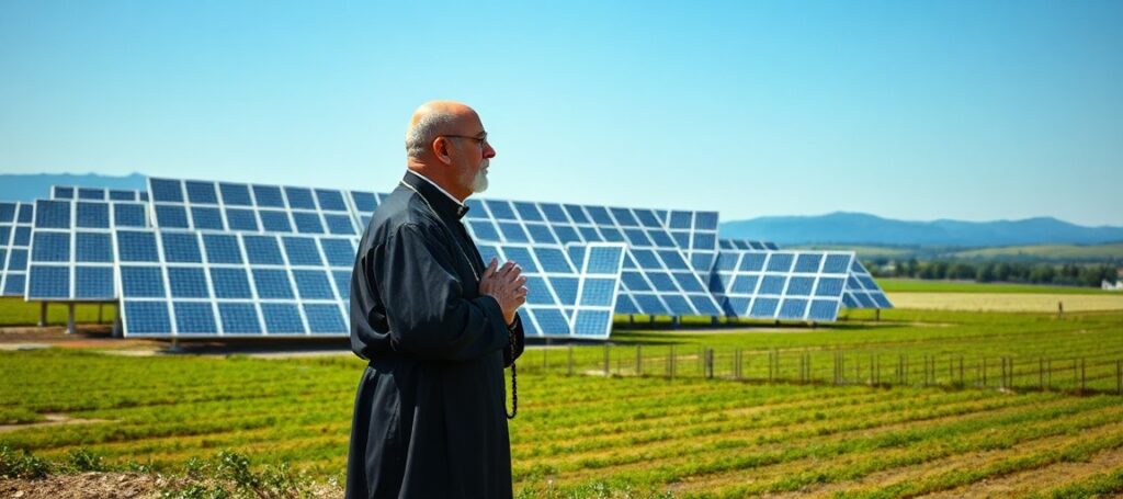 Prawdziwy katolicki kapłan w modlitwie przed nowoczesną instalacją agrowoltaiczną w Santa Maria di Galeria