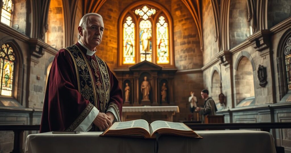 Kardynał w tradycyjnym stroju kapłańskim w kościele, modlący się przed Biblią, symbolizujący duchową walkę z modernistycznymi interpretacjami i zagrożeniami dla katolickiej wiary.