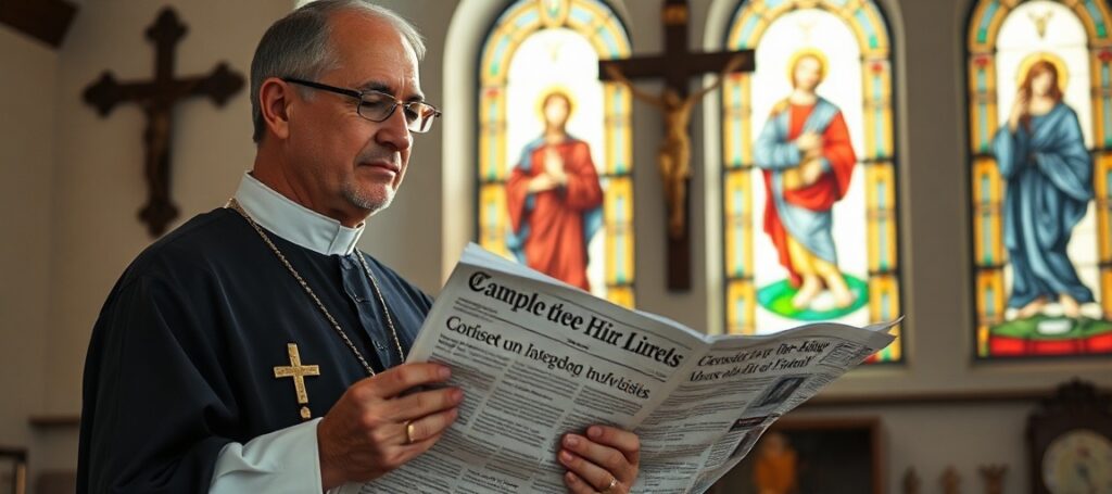 Katolicki kapłan w tradycyjnych szatach modlitewnych stoi przed krzyżem, wyrazem smutku na twarzy po przeczytaniu gazety o znieważeniu aktywistów z Gazy przez ministra Ben-Gvira. Scena jest pełna pogody duchowej i wezwania do modlitwy.