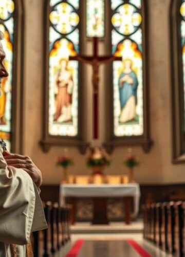 Realistyczne zdjęcie katolickiego kapłana w modlitwie w kościele Realistyczne zdjęcie katolickiego kapłana w tradycyjnych szatach, modlącego się w świątyni z światłem słonecznym i witrażami, oddające duchową powagę i wiarę.