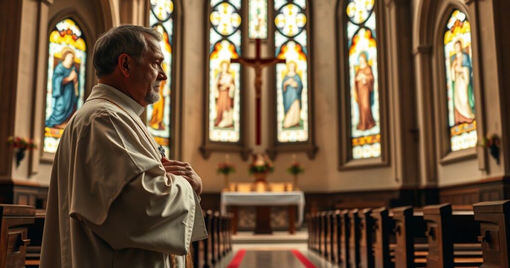 Realistyczne zdjęcie katolickiego kapłana w tradycyjnych szatach, modlącego się w świątyni z światłem słonecznym i witrażami, oddające duchową powagę i wiarę.
