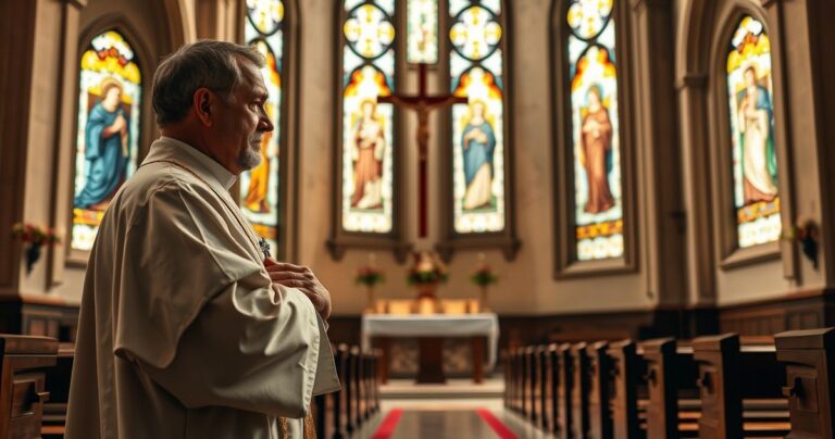 Realistyczne zdjęcie katolickiego kapłana w tradycyjnych szatach, modlącego się w świątyni z światłem słonecznym i witrażami, oddające duchową powagę i wiarę.